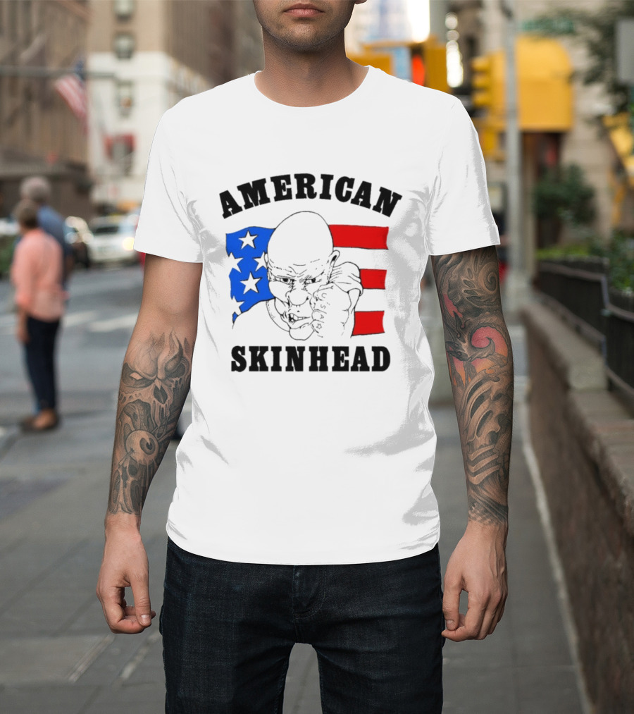 American Skinhead USA Bald Character With Flag Stars And Stripes T-Shirt