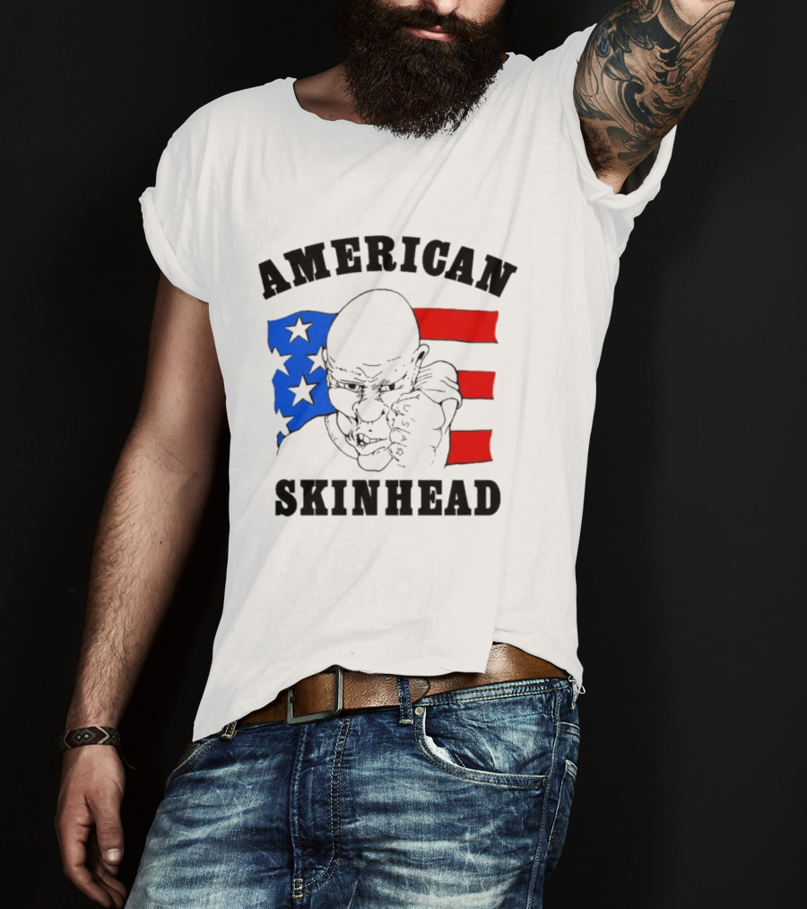 American Skinhead USA Bald Character With Flag Stars And Stripes T-Shirt