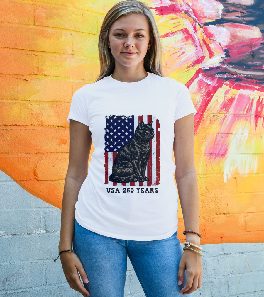USA 250 Years Liberty Cat American Flag T-Shirt