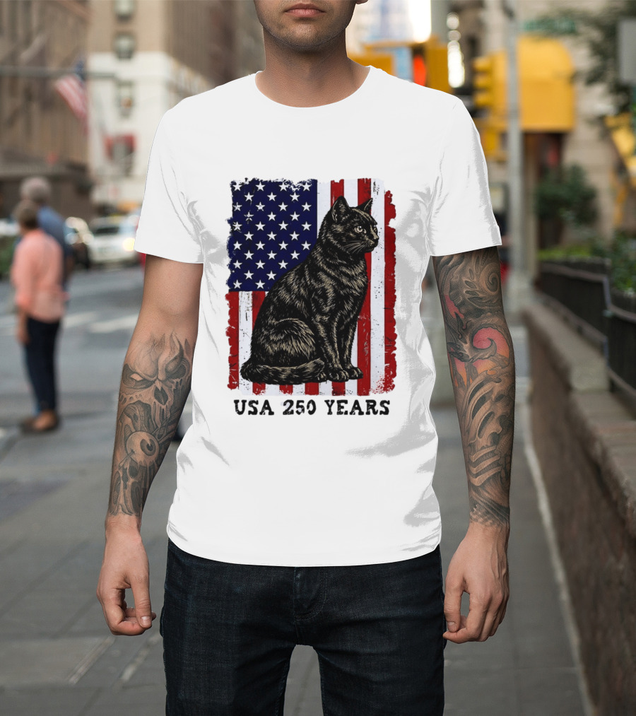 USA 250 Years Liberty Cat American Flag T-Shirt