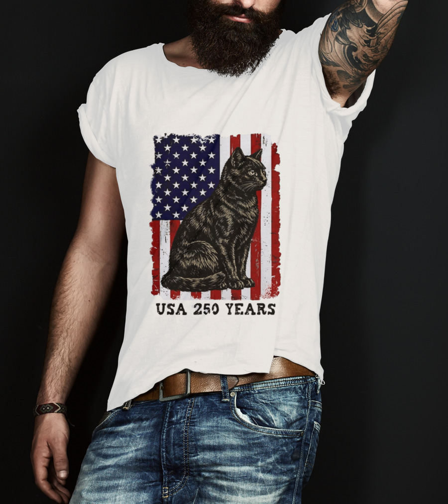 USA 250 Years Liberty Cat American Flag T-Shirt