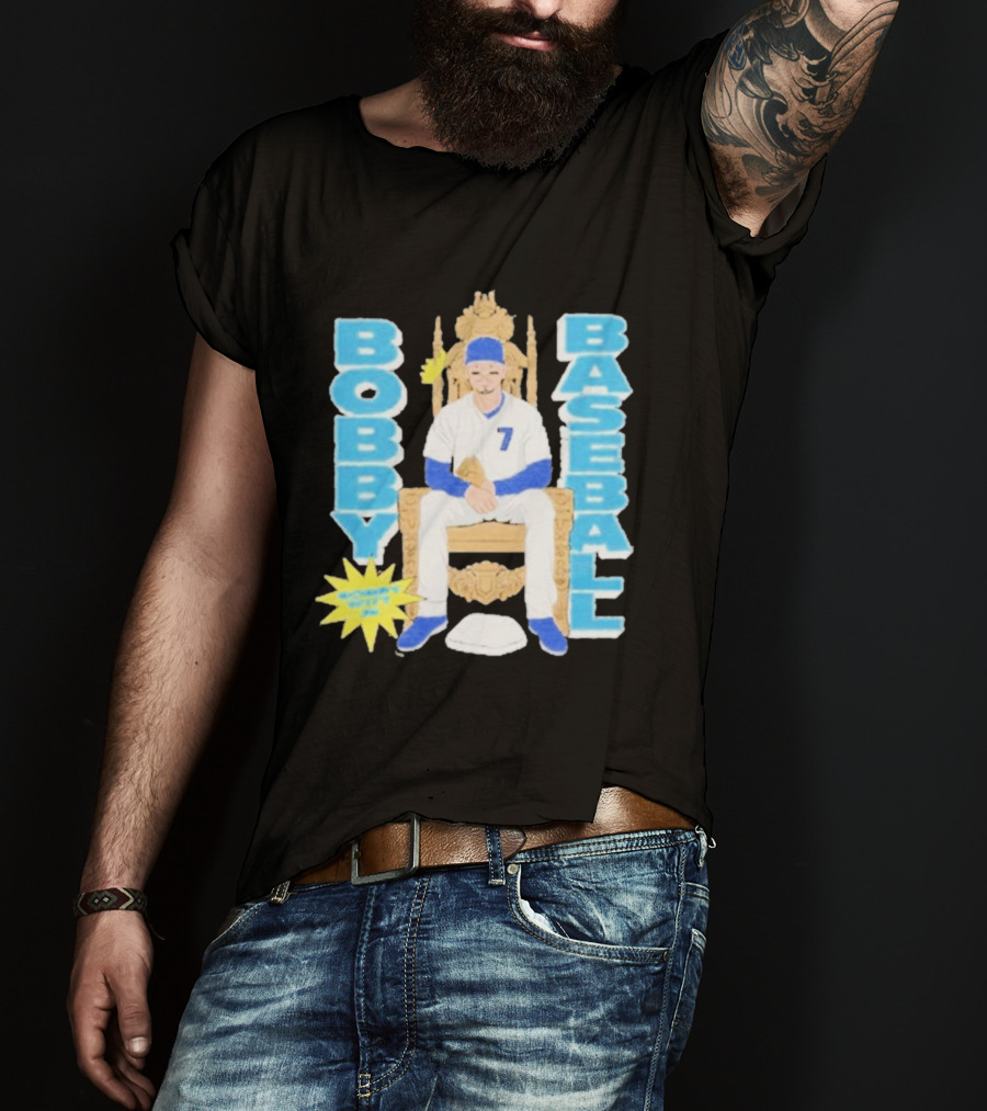 Bobby Baseball Throne Number 7 Blue Cap Batting Glove T-Shirt