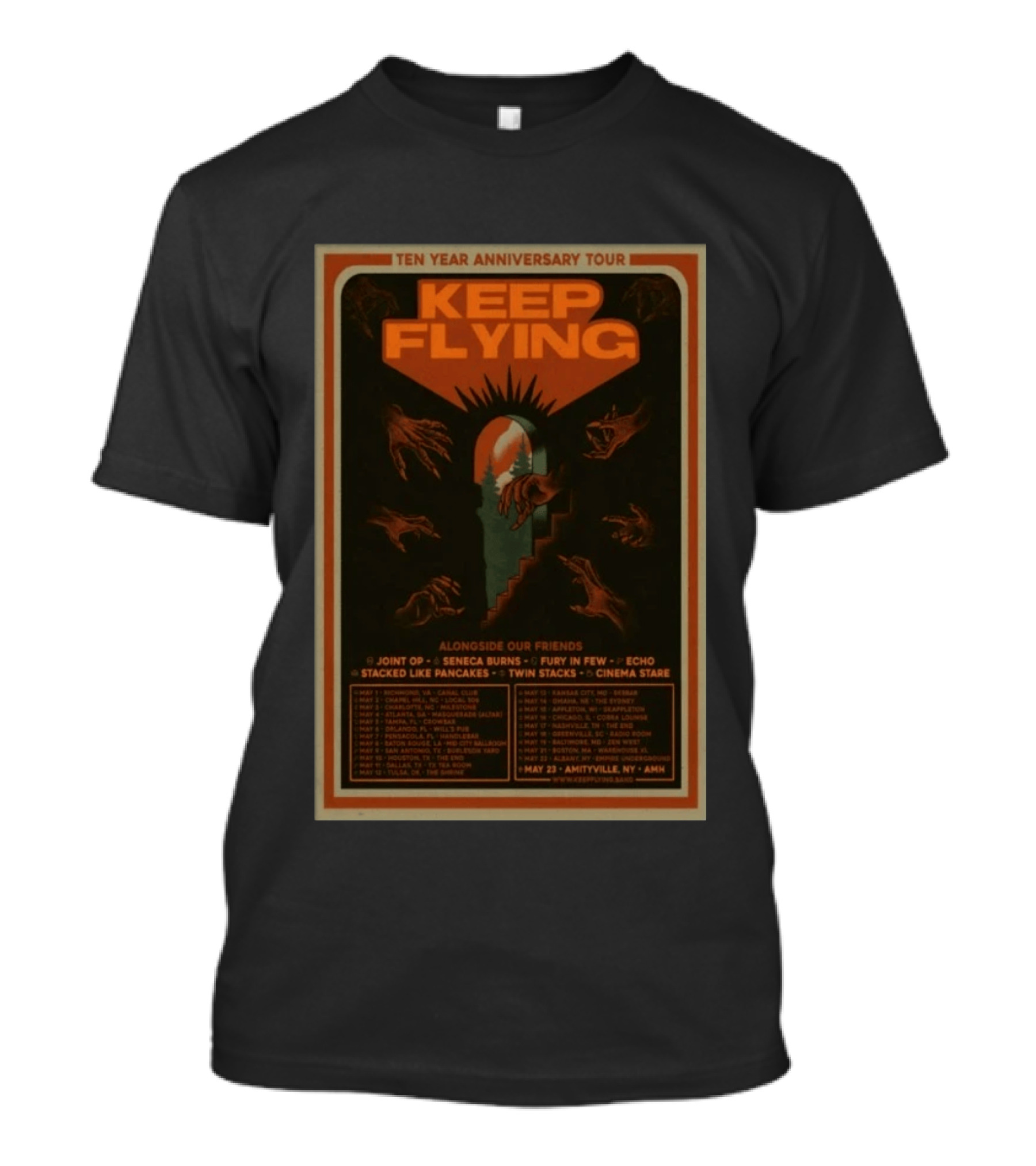 Ten Year Anniversary Tour Keep Flying Alongside Our Friends Joint Op Seneca Burns Fury In Few Echo Stacked Like Pancakes Twin Stacks Cinema Stare T-Shirt