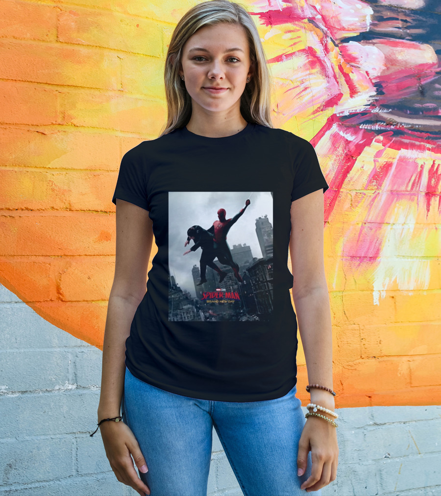 Spider Man Brand New Day Marvel Comic Scene Flying Over City Skyline T-Shirt