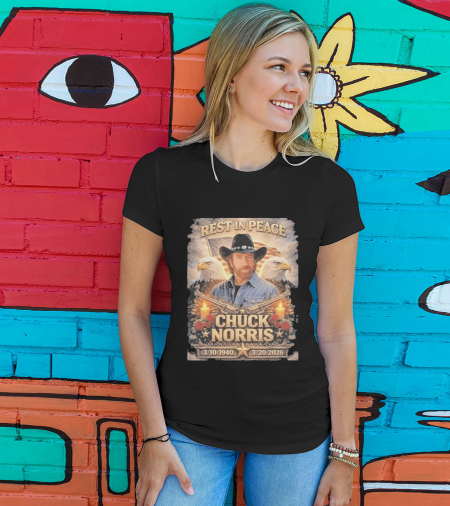 Rest In Peace Chuck Norris With Bald Eagles American Flag And Candles T-Shirt