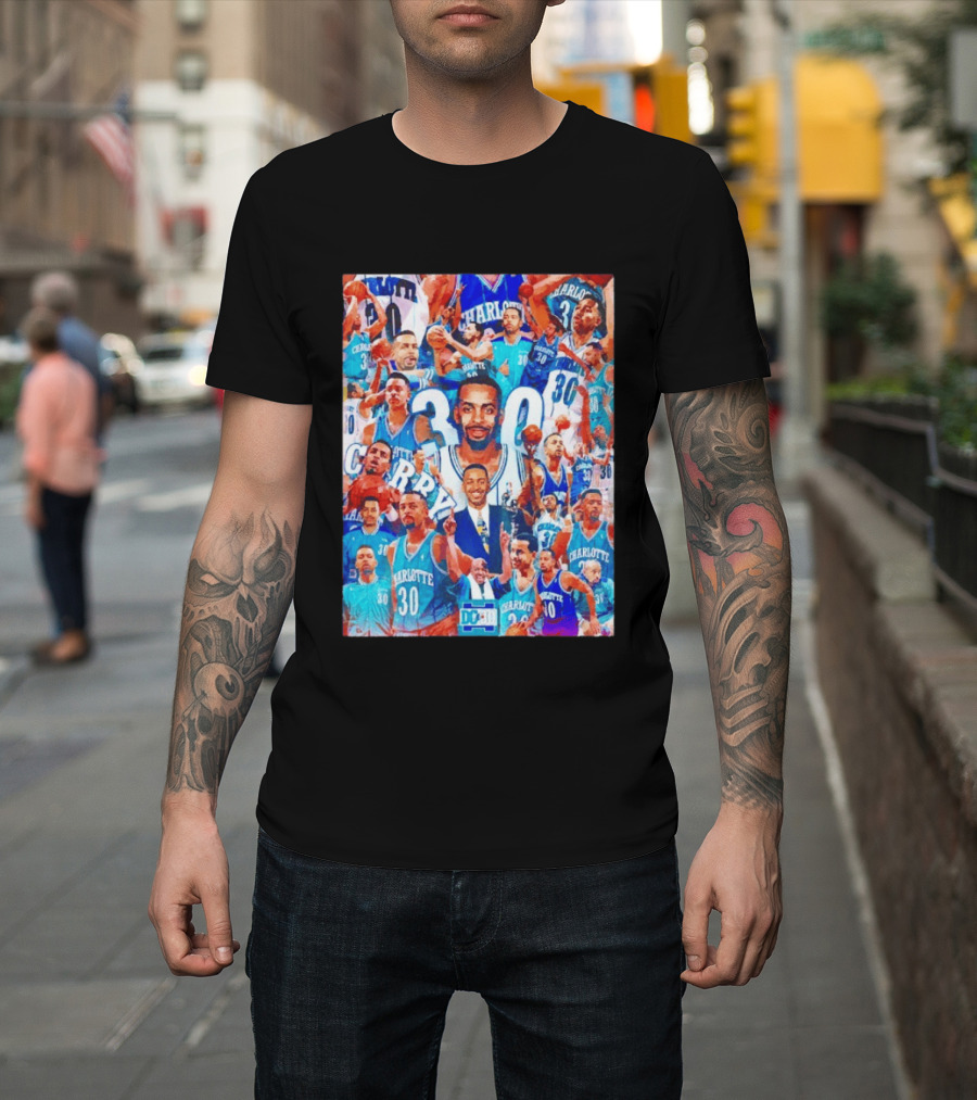 Dell Curry Charlotte Hornets 30 Jersey Collage Throwback T-Shirt