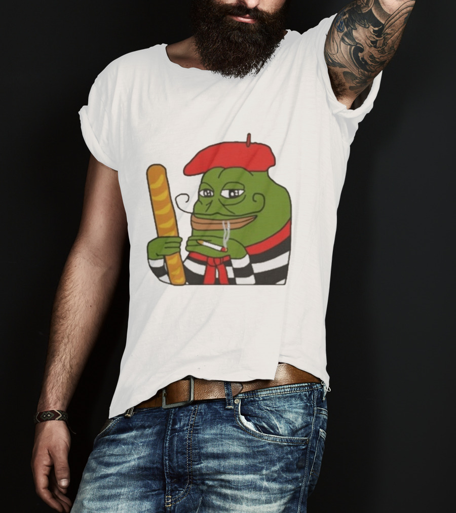 S French Pepe With Baguette And Cigarette Beret Comedy Meme T-Shirt