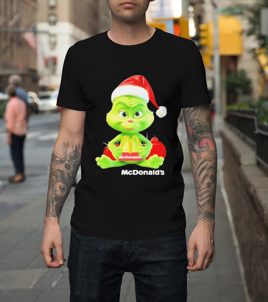 Santa Baby Grinch McDonald's Holding Happy Meal with Santa Hat and Gift Bags T-Shirt