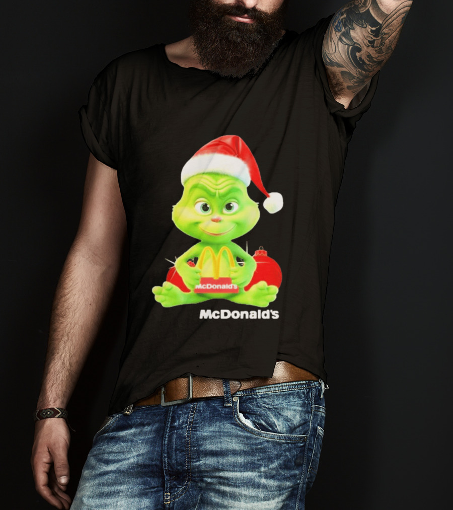 Santa Baby Grinch McDonald's Holding Happy Meal With Santa Hat And Gift Bags T-Shirt