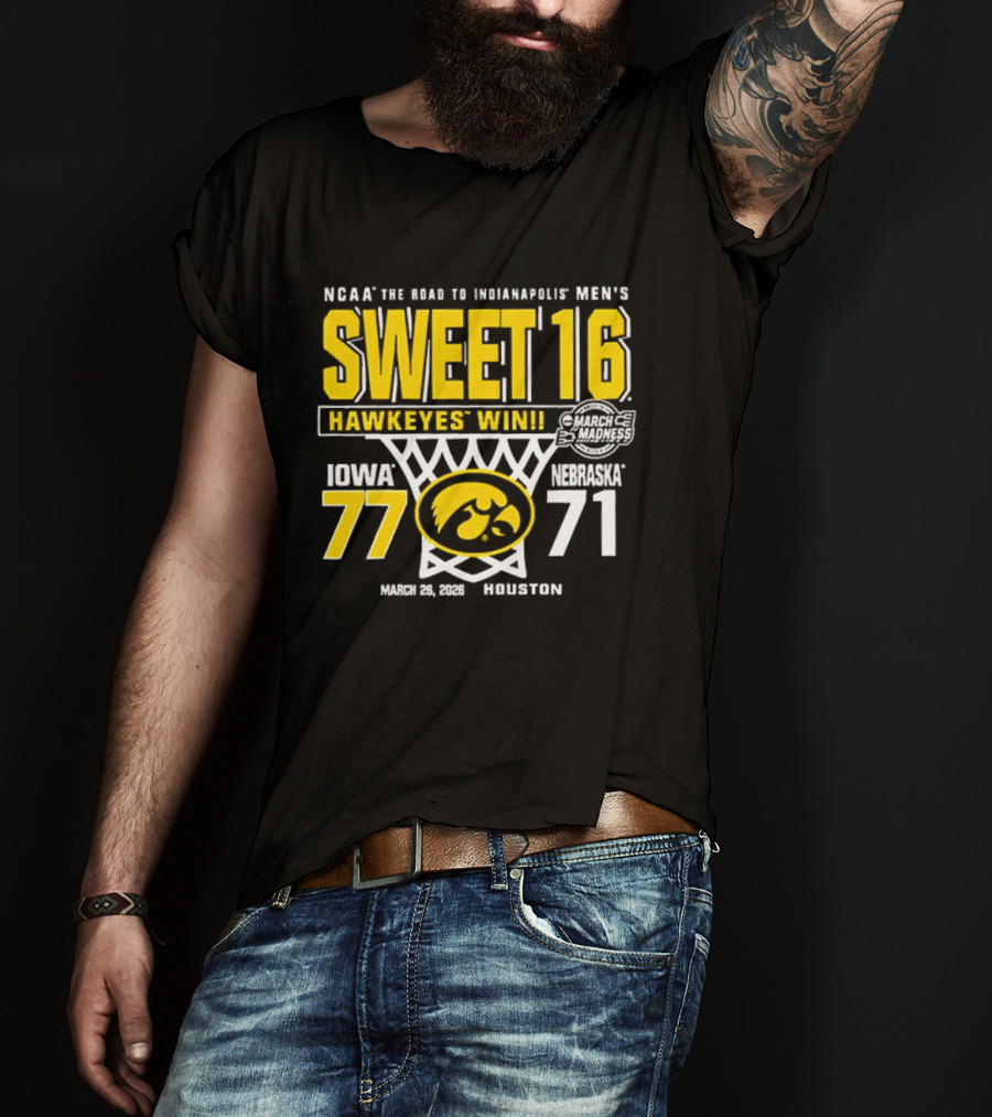NCAA The Road To Minneapolis Men's Sweet 16 Hawkeyes Win Iowa 77 Nebraska 71 March 29 2020 Selection T-Shirt