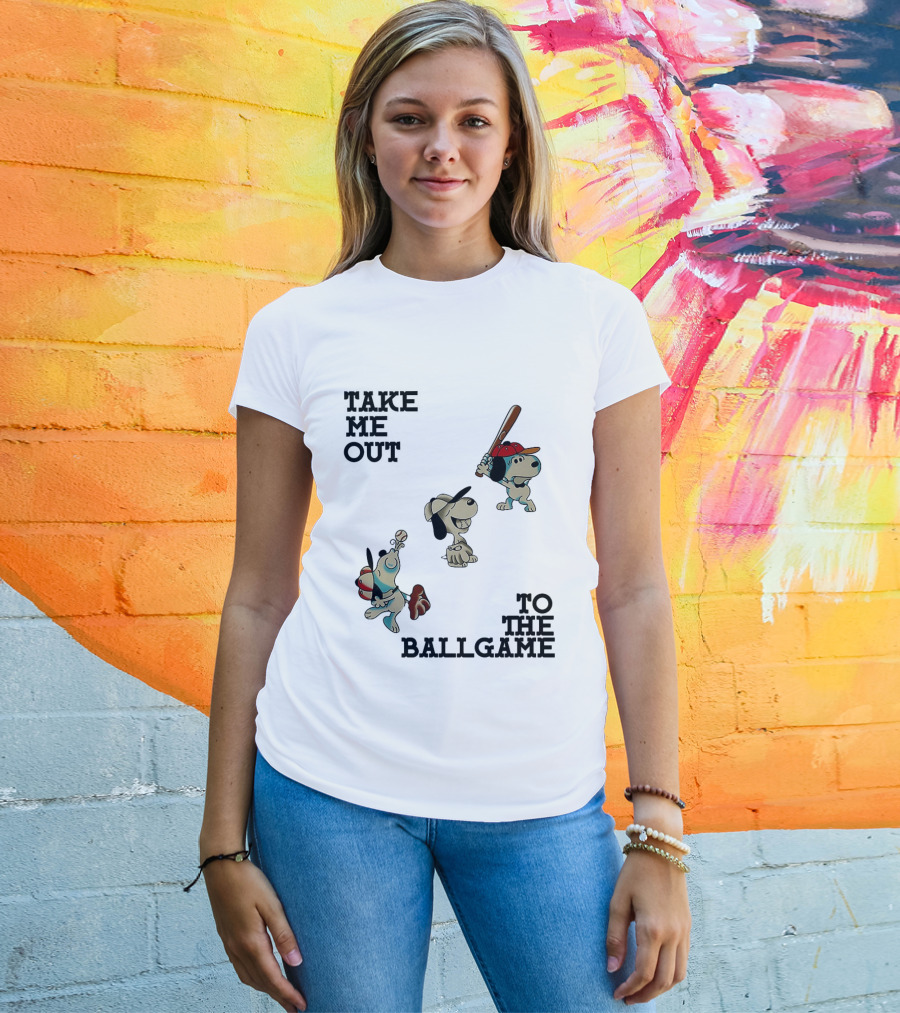 Snoopy Take Me Out To The Ballgame Baseball Red Cap Batting And Catching T-Shirt