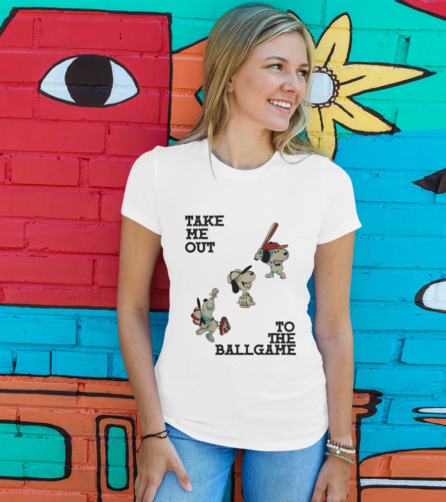 Snoopy Take Me Out To The Ballgame Baseball Red Cap Batting And Catching T-Shirt