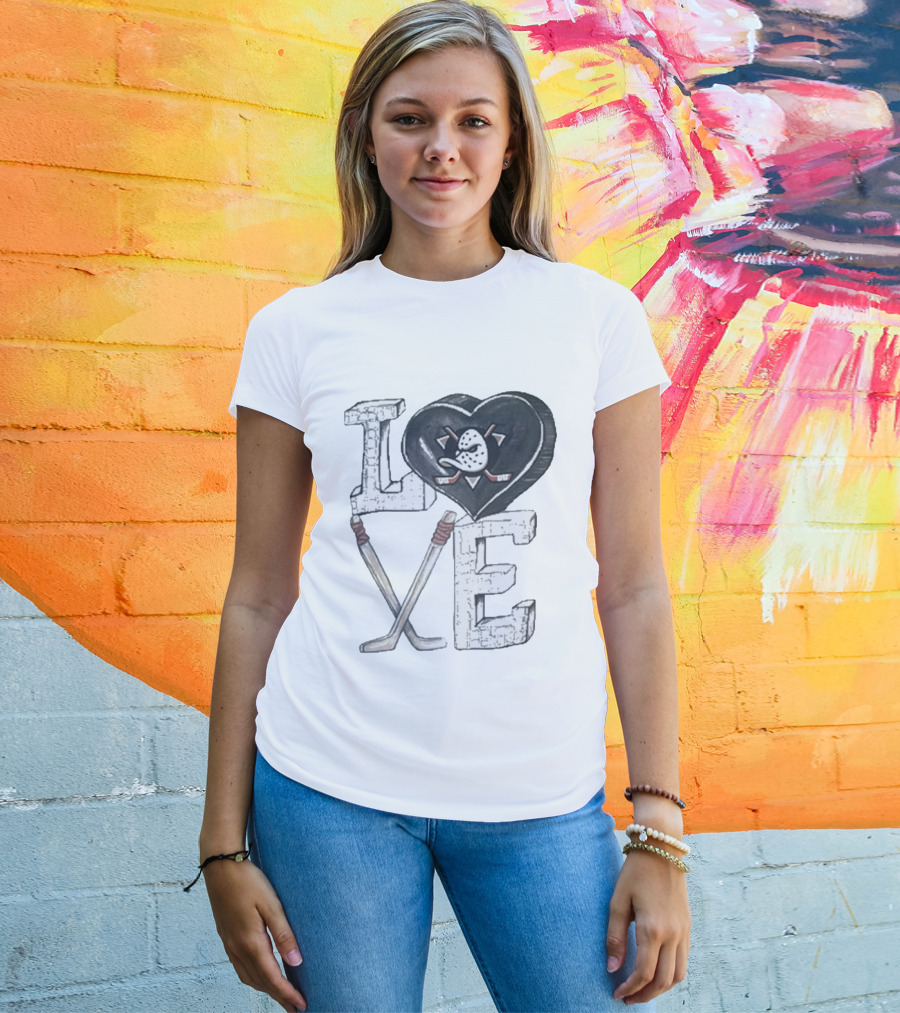Anaheim Ducks Puck Heart Love Hockey Sticks T-Shirt