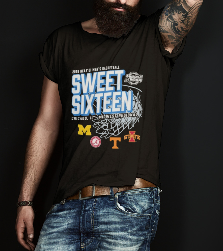 2026 NCAA DI Men's Basketball Sweet Sixteen Chicago IL Midwest Regional Michigan Alabama Tennessee Iowa State T-Shirt