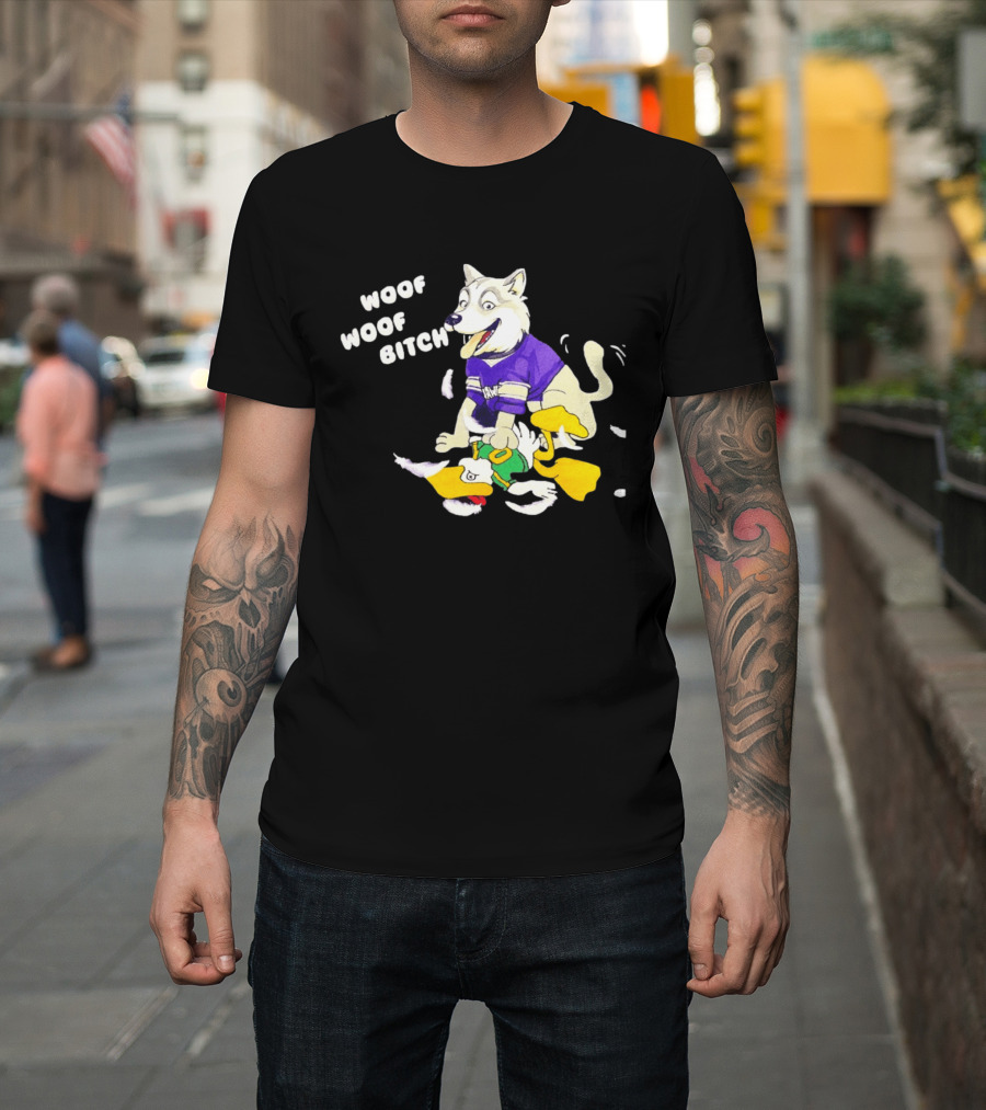 Washington Huskies Woof Woof Bitch Cartoon Mascot Scene T-Shirt