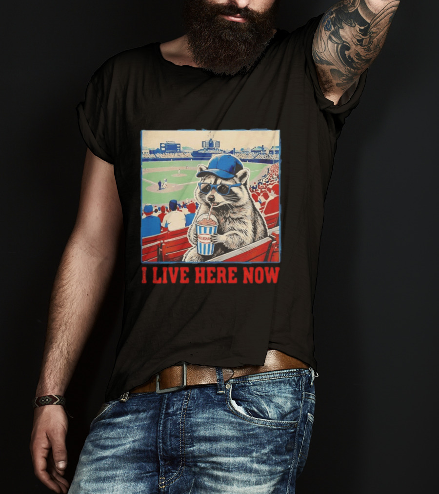 Raccoon Milkshake Baseball Field I Live Here Now T-Shirt