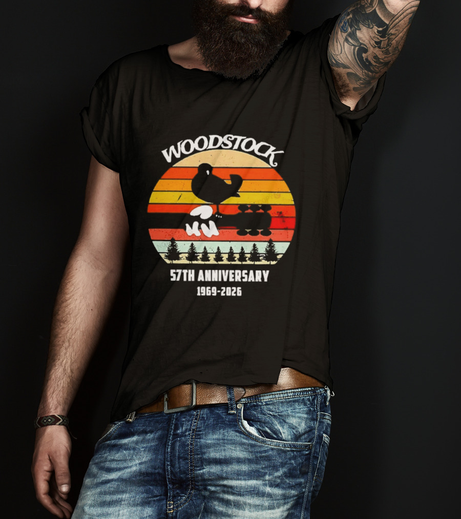 Woodstock 57th Anniversary 1969 2026 Bird Vintage Sunset Stripes T-Shirt