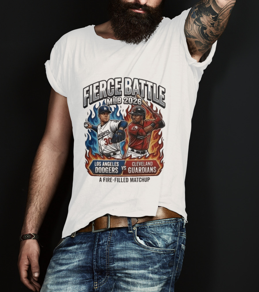 Fierce Battle MLB 2026 Los Angeles Dodgers Vs Cleveland Guardians Fire Filled Matchup T-Shirt