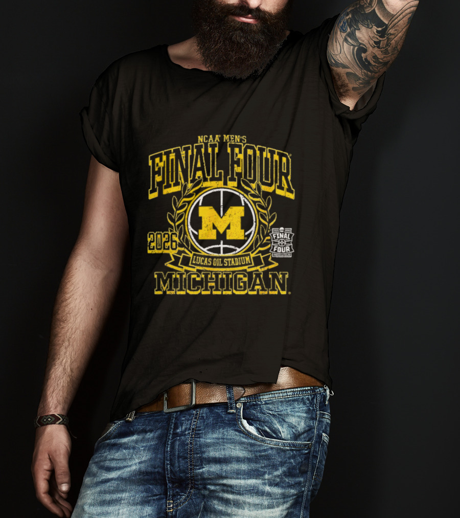 NCAA Men's Final Four 2026 Lucas Oil Stadium Michigan Wolverines Ball Crest T-Shirt
