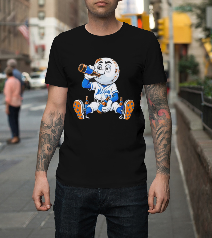 New York Mets Mr. Met Messy Drink Baseball T-Shirt