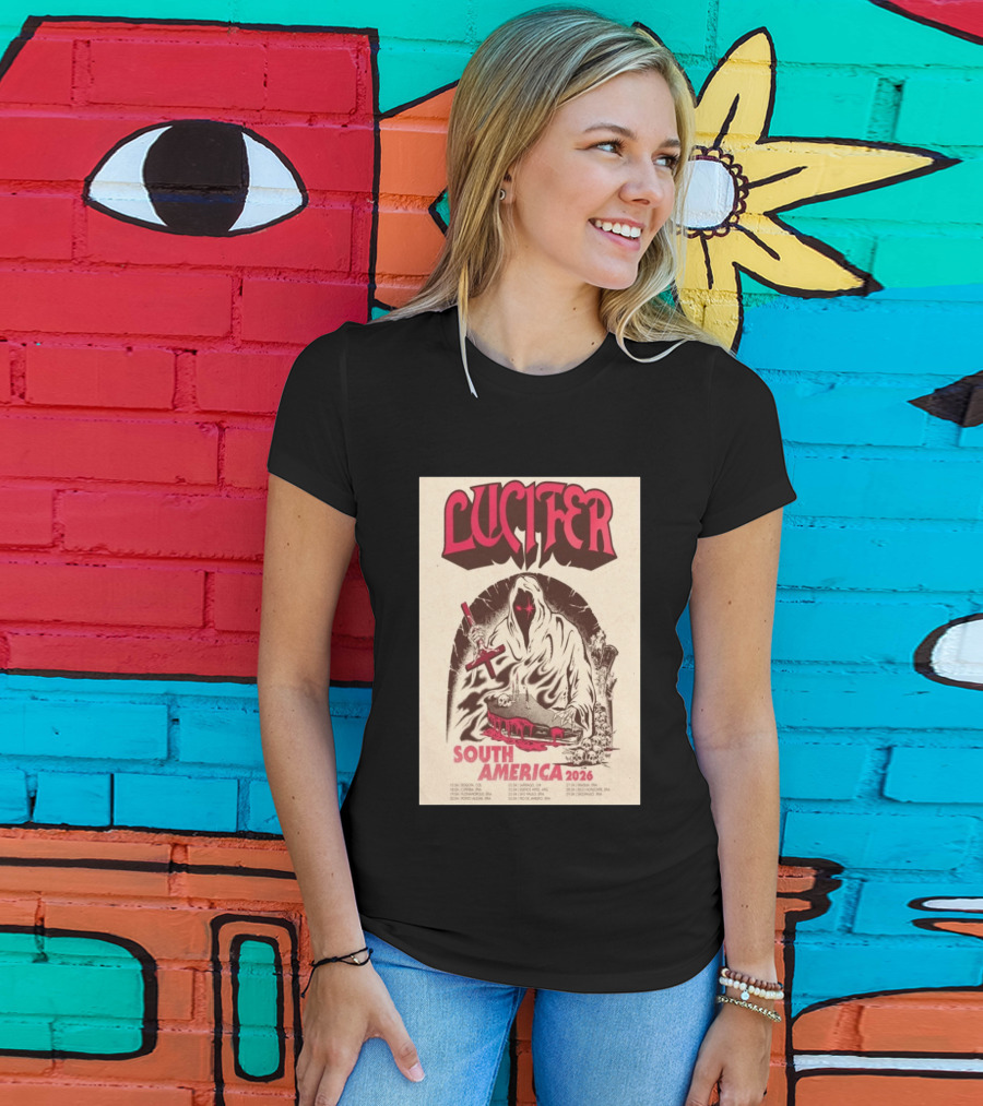 Lucifer South America 2026 Tour Schedule With Hooded Figure And Skulls T-Shirt