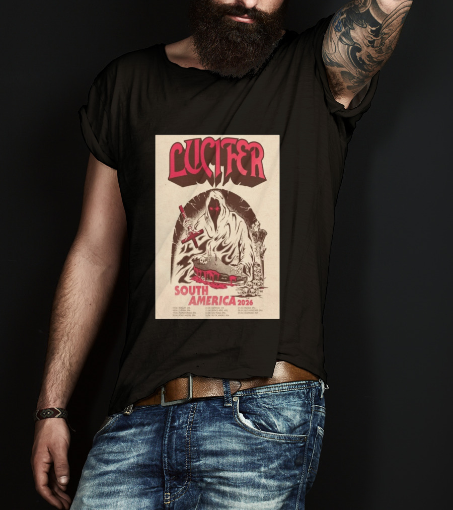 Lucifer South America 2026 Tour Schedule With Hooded Figure And Skulls T-Shirt