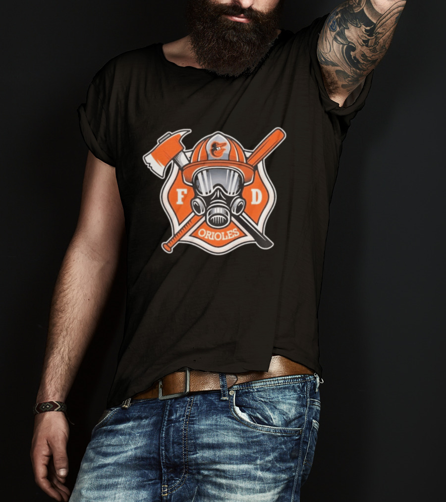 2026 Orioles FD Firefighter Appreciation Mask Helmet Axe Crossed Bat T-Shirt