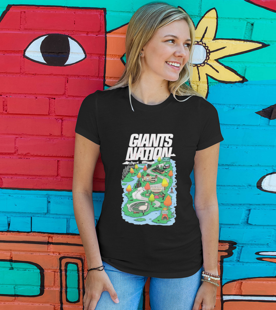 Bobby Skinner Giants Nation Cartoon Landscape Get Well Soon Welcome To Giants Nation Balloon Trees River T-Shirt