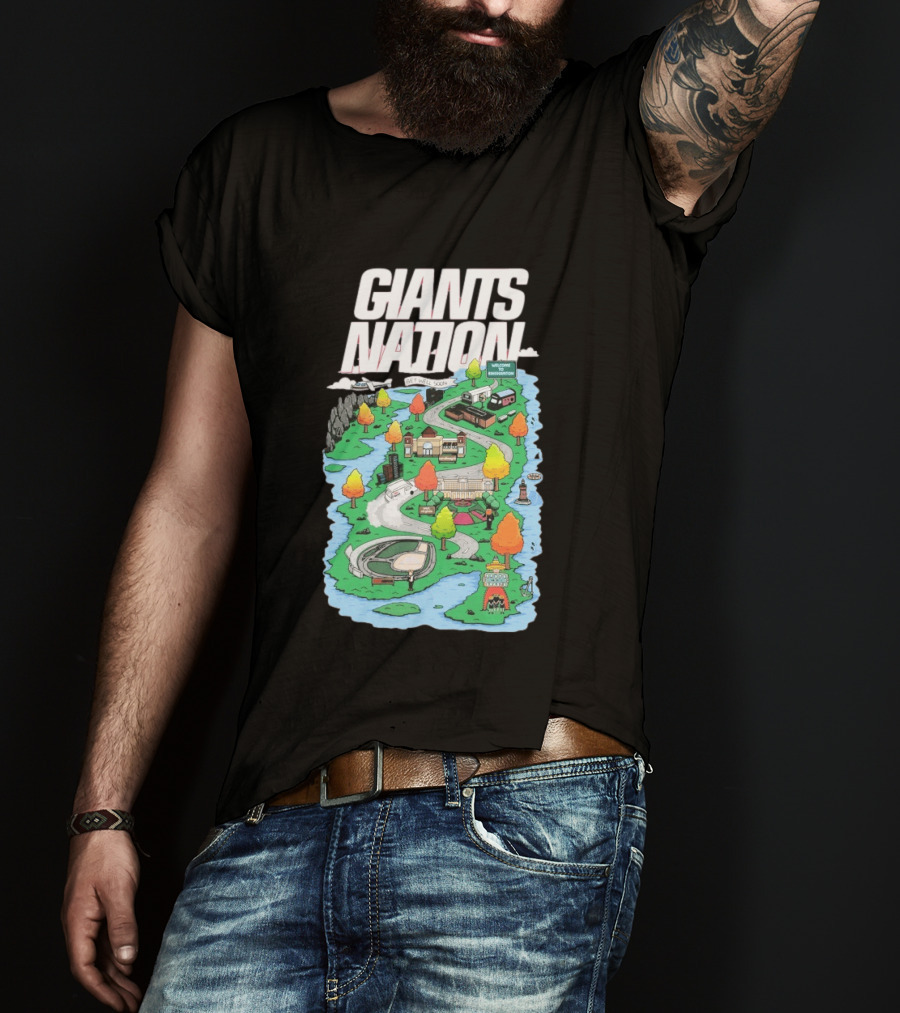 Bobby Skinner Giants Nation Cartoon Landscape Get Well Soon Welcome To Giants Nation Balloon Trees River T-Shirt