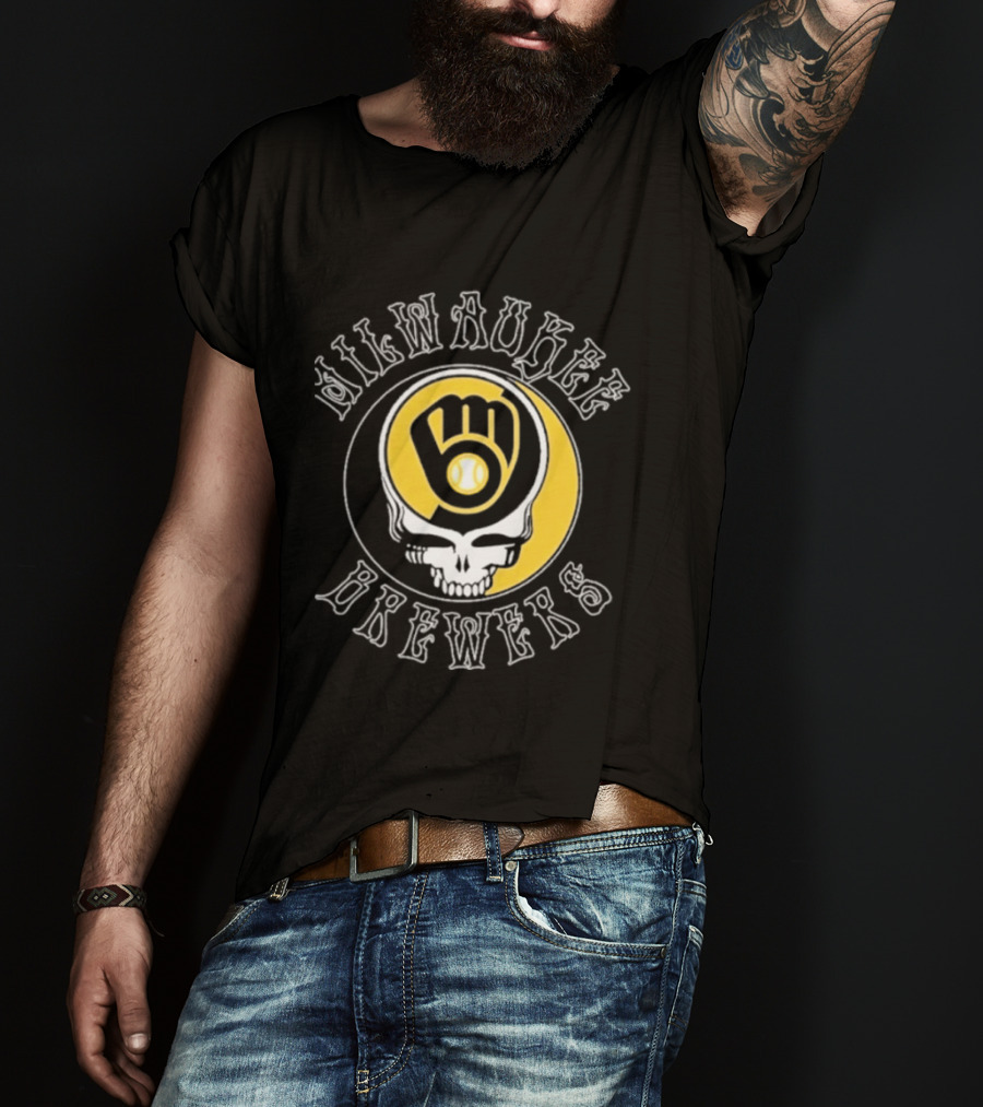 Milwaukee Brewers Skull Baseball Glove Crescent Moon T-Shirt
