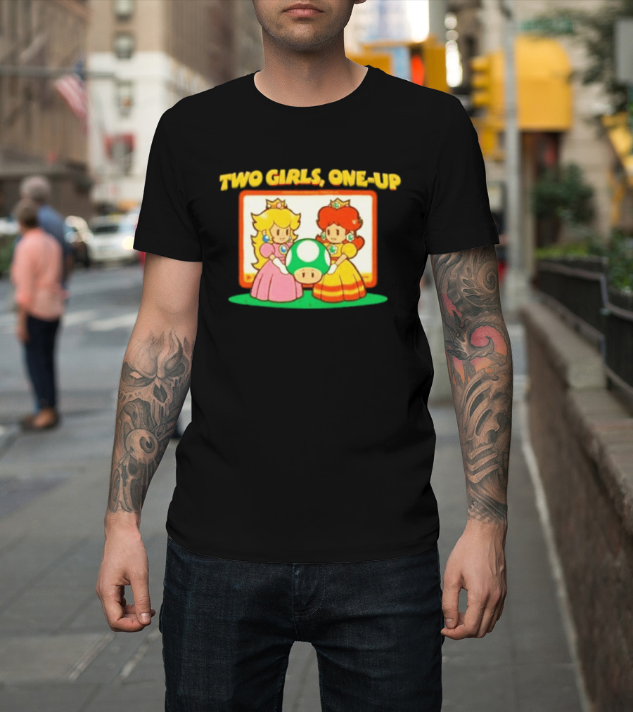 Two Girls One Up Mario Princess Peach Daisy 1 Up Mushroom T-Shirt