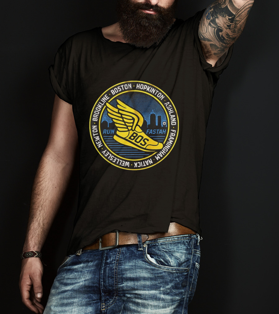Boston Hopkinton Ashland Framingham Natick Newton Brookline Run Fastah BOS Skyline T-Shirt