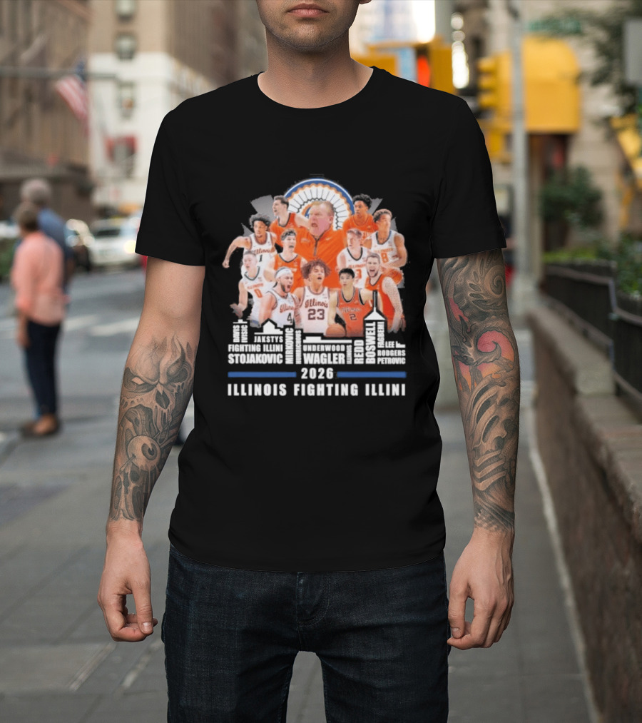 2026 Illinois Fighting Illini Skyline Basketball Team Montage T-Shirt