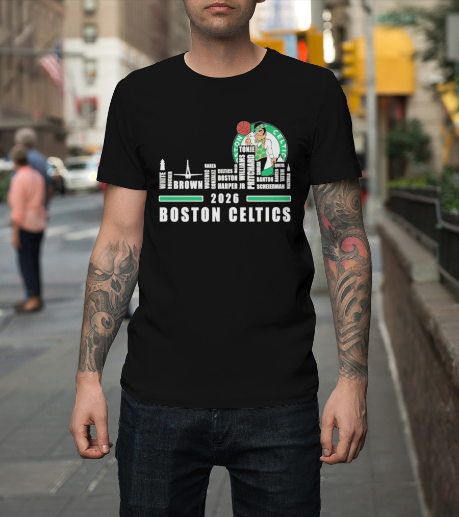 2026 Boston Celtics Brown Tatum Brogdon Porzingis White Smart Hoops Skyline T-Shirt