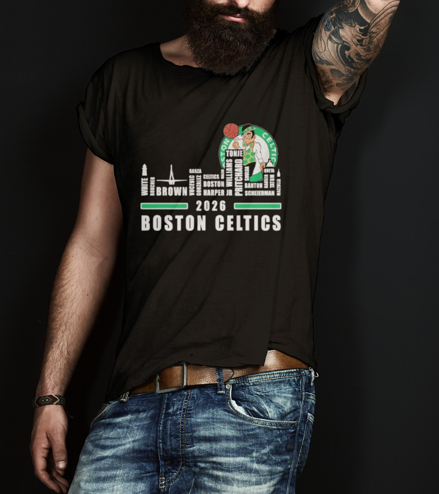 2026 Boston Celtics Brown Tatum Brogdon Porzingis White Smart Hoops Skyline T-Shirt