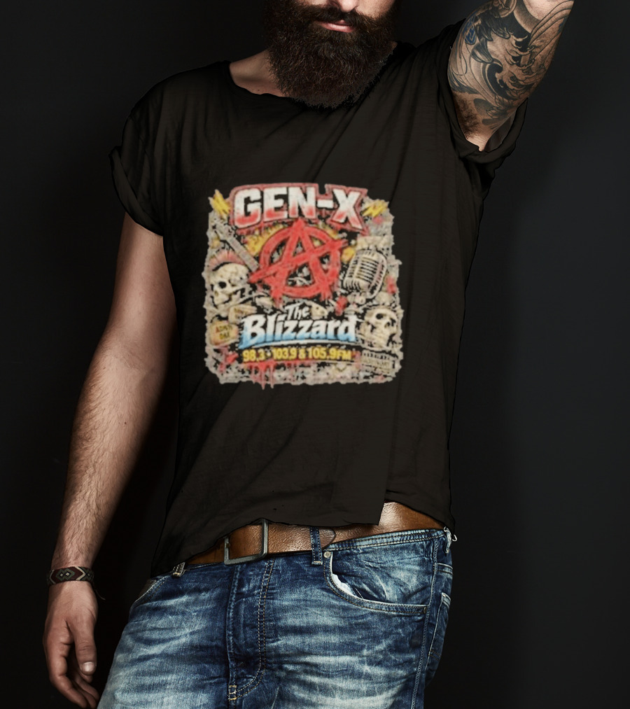 Gen X The Blizzard 98.3 103.9 105.9 FM Anarchy Skulls Microphone T-Shirt