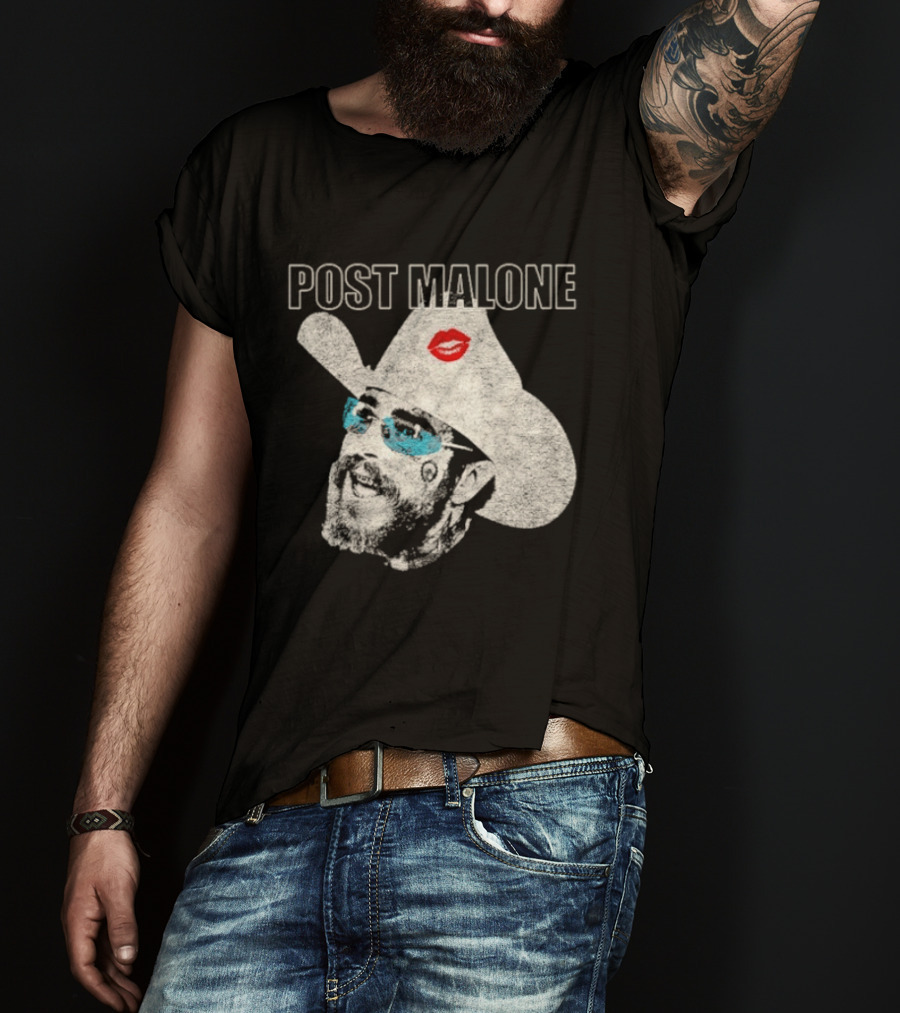 Post Malone Cowboy Hat Kiss Red Lips Blue Sunglasses T-Shirt