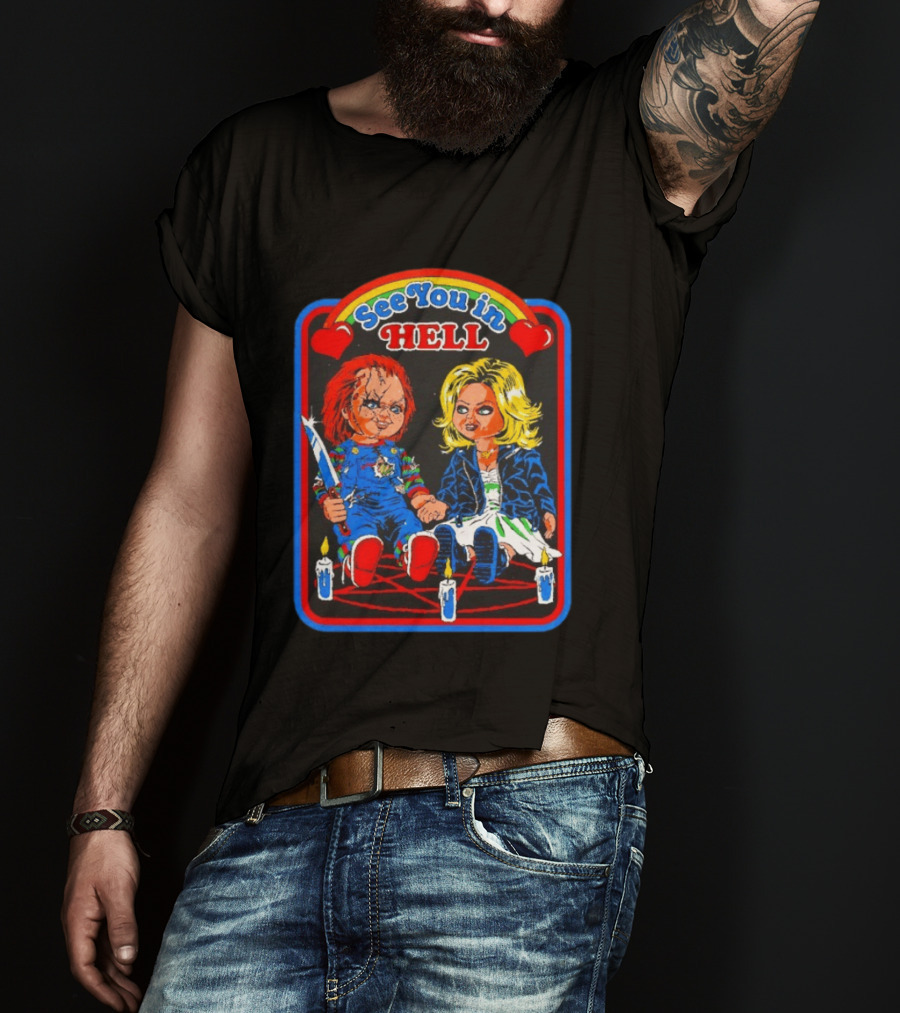 See You In Hell Chucky And Bride Horror Movie Characters Candles T-Shirt