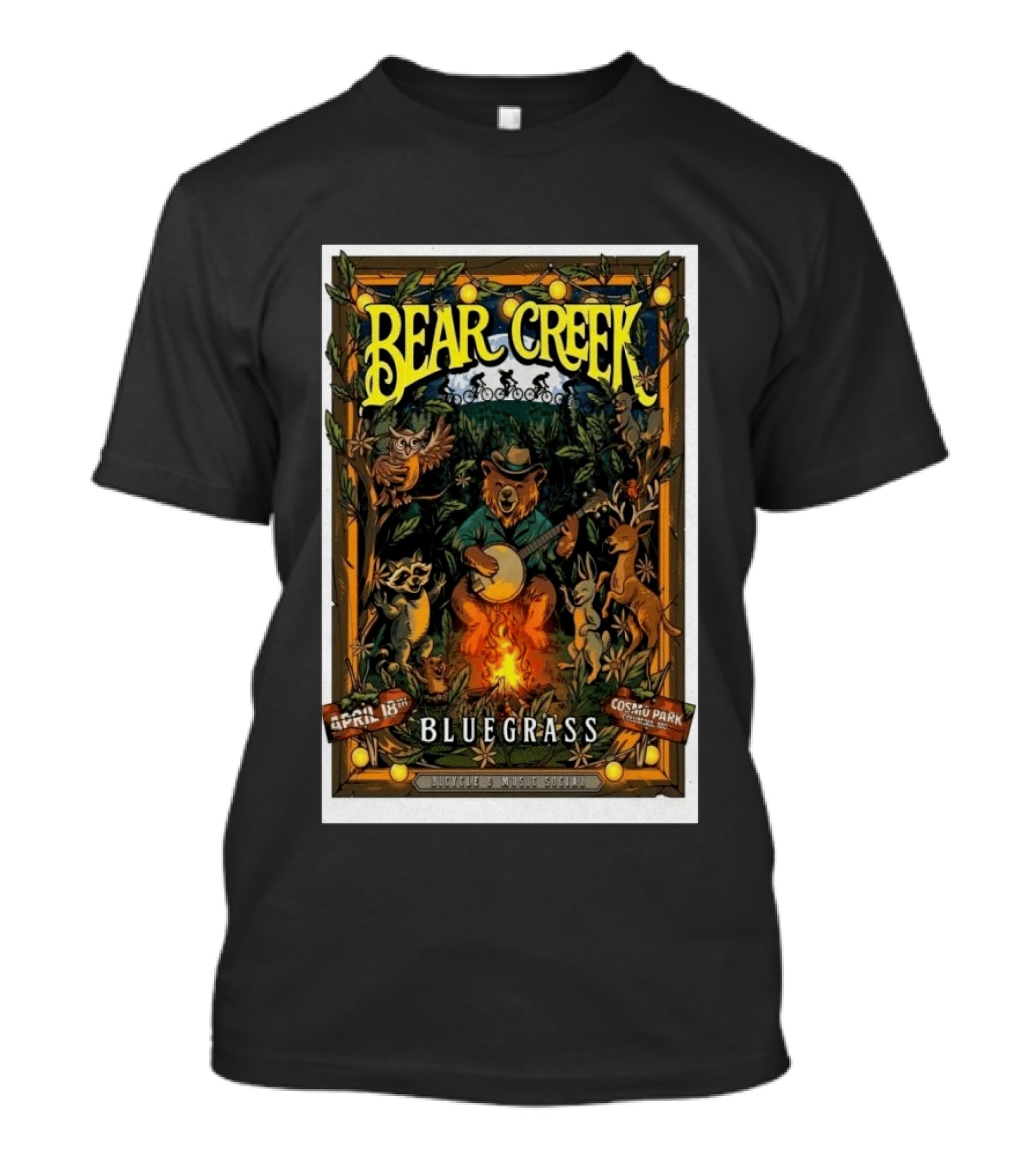 Bear Creek Bluegrass Bicycle Music Social April 18th In Cosmo Park Columbia MO T-Shirt