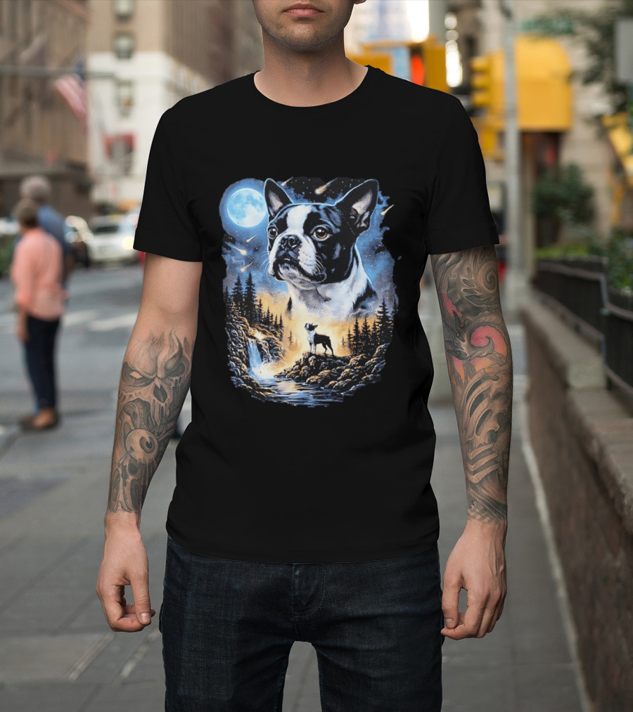 Boston Terrier Howling Moon Night Wilderness Scene T-Shirt