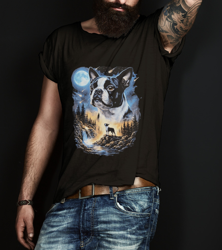 Boston Terrier Howling Moon Night Wilderness Scene T-Shirt