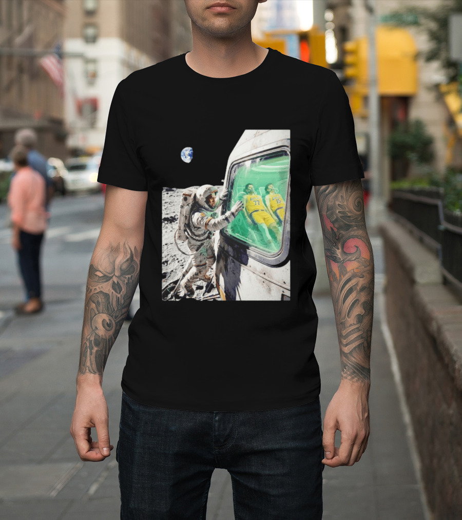 LeBron James Lakers Alone In Space Astronaut Scene With Number 77 And 15 In Spaceship T-Shirt