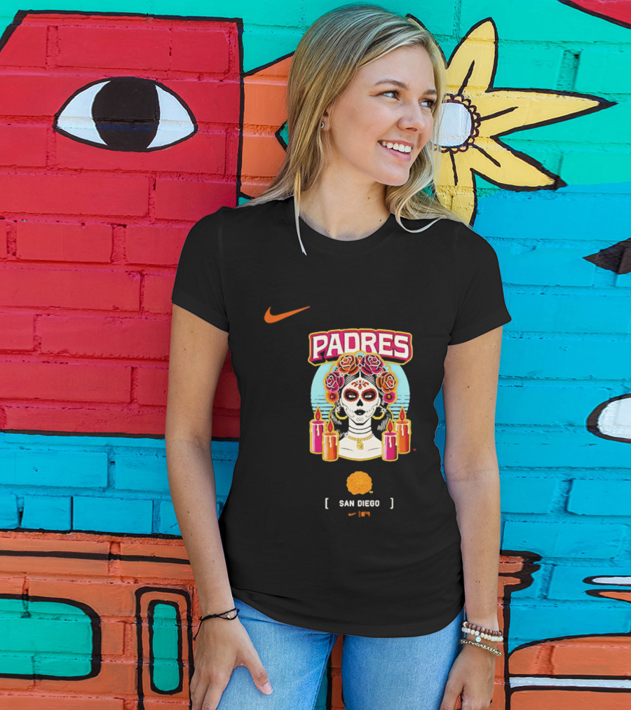 Nike San Diego Padres 2026 City Connect Dia De Los Muertos Candles Roses Large T-Shirt