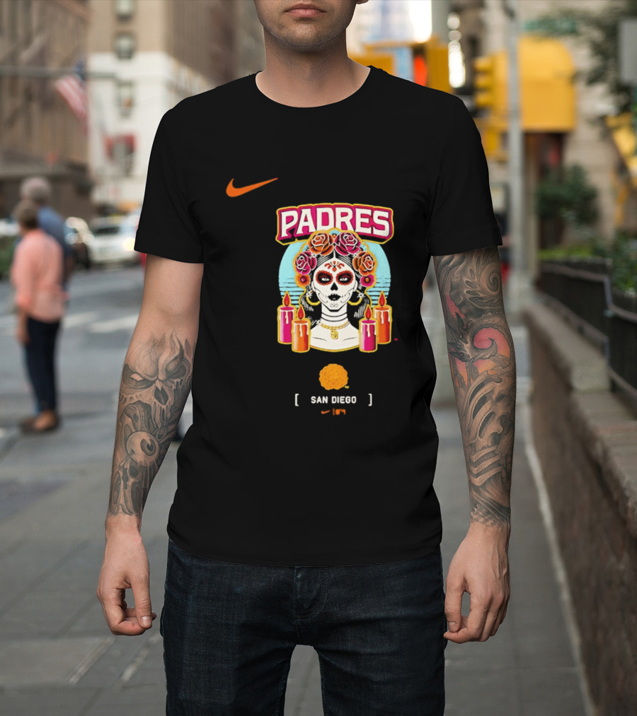 Nike San Diego Padres 2026 City Connect Dia De Los Muertos Candles Roses Large T-Shirt