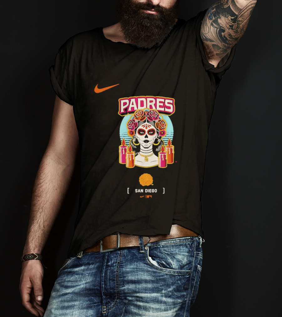 Nike San Diego Padres 2026 City Connect Dia De Los Muertos Candles Roses Large T-Shirt