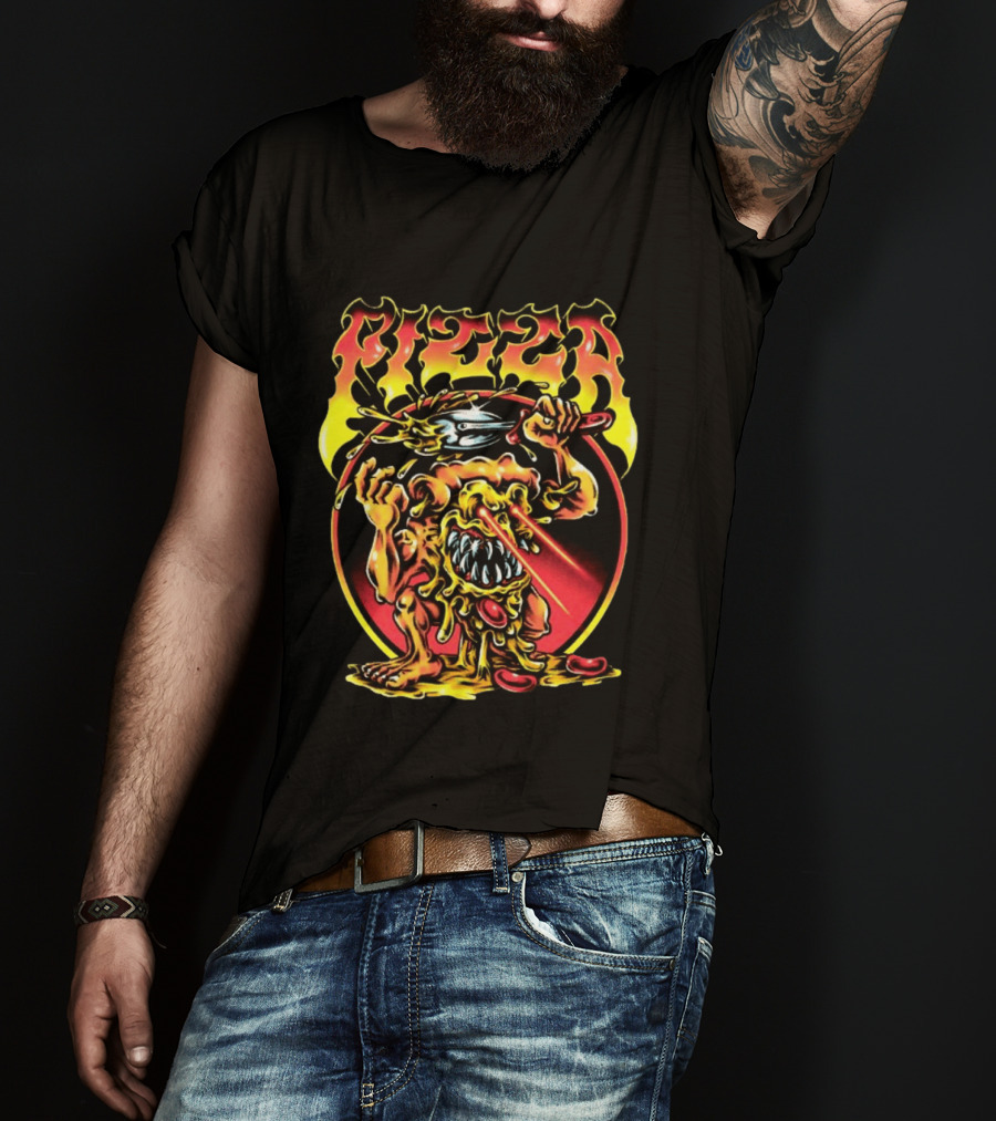 Pizza Monster Melting Laser Eyes Fiery Cheesy Creature T-Shirt