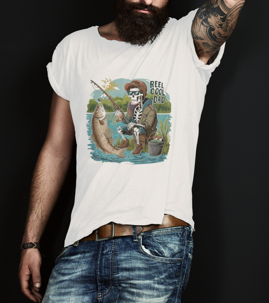 Reel Cool Dad Fishing Skeleton Catching Fish Cartoon T-Shirt