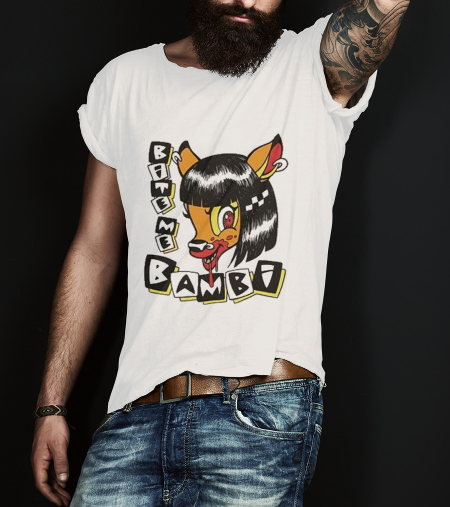 Bite Me Bambi Cartoon Character With Black Hair And Blood Dripping Mouth T-Shirt