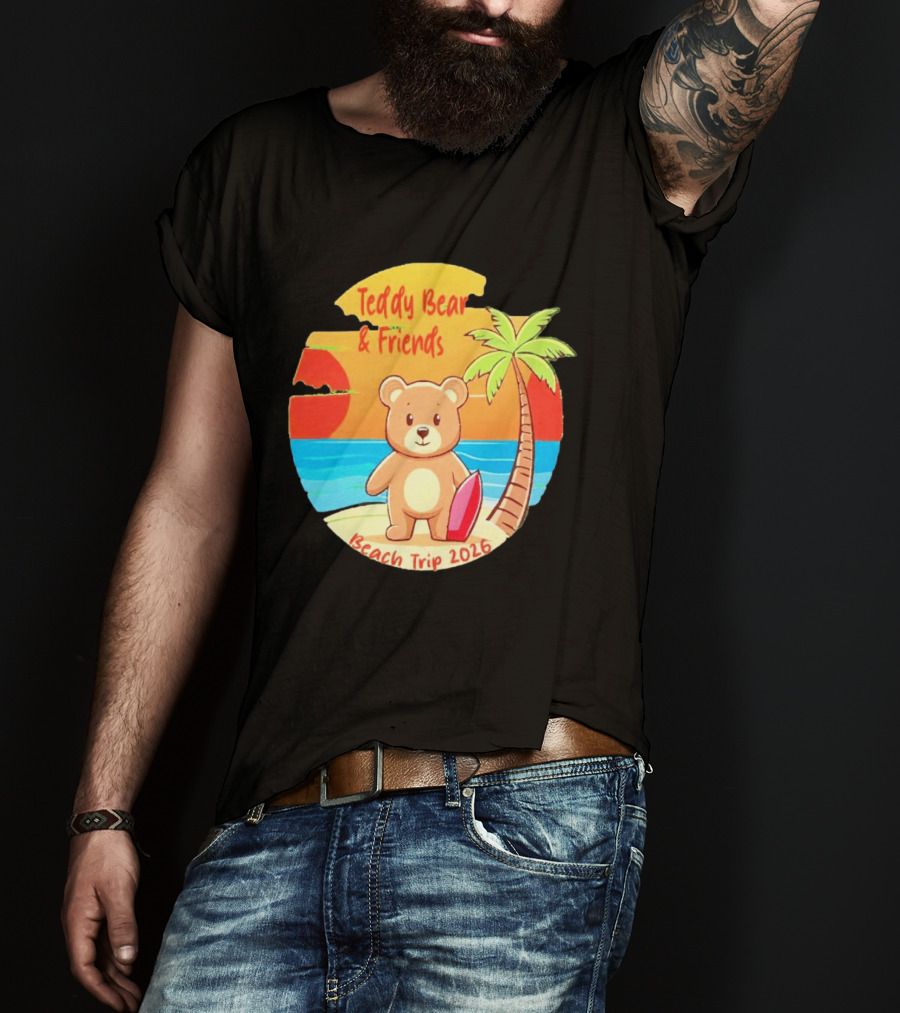 Teddy Bear And Friends Beach Trip 2026 Summer Adventure With Palm And Sunset T-Shirt