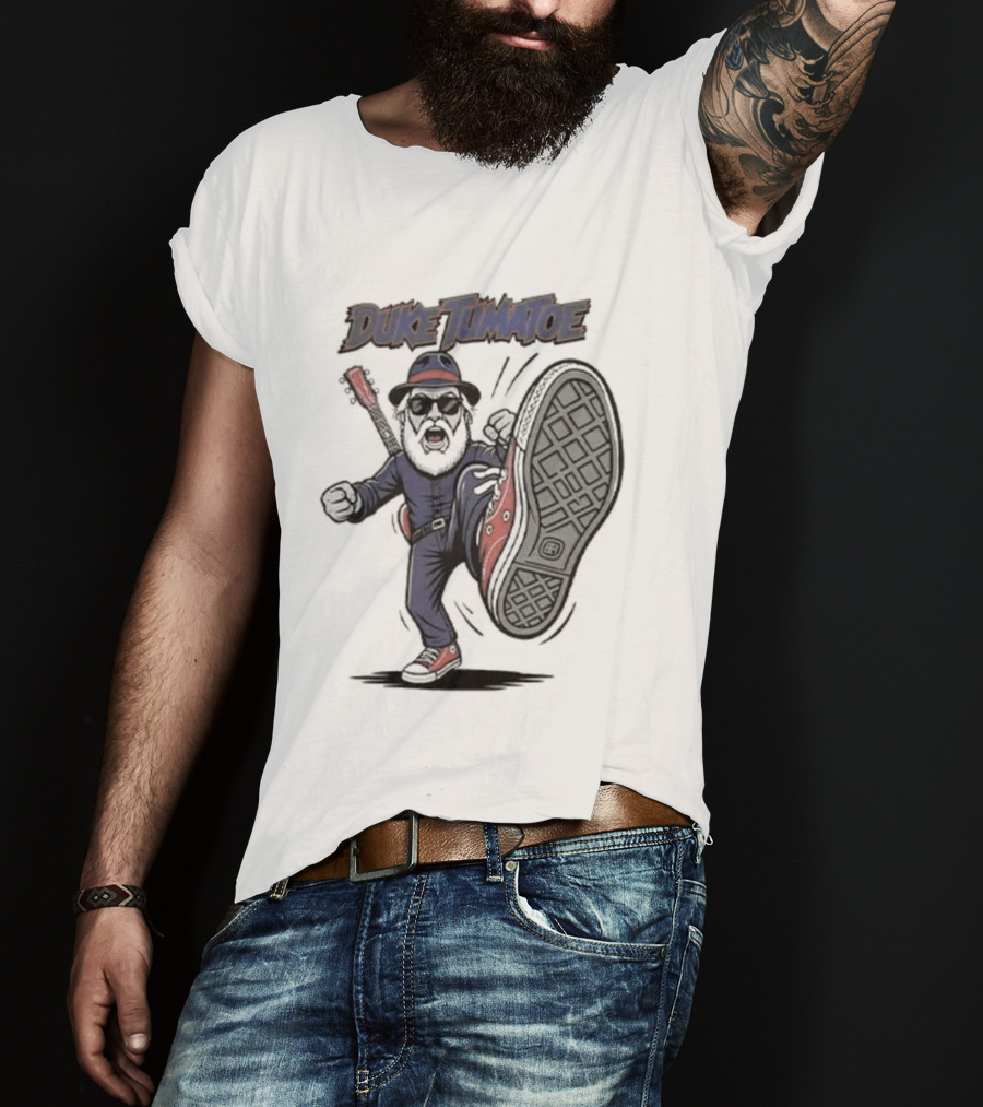 Duke Tumatoe Character Kicking Action In Blue Outfit And Red Shoes T-Shirt
